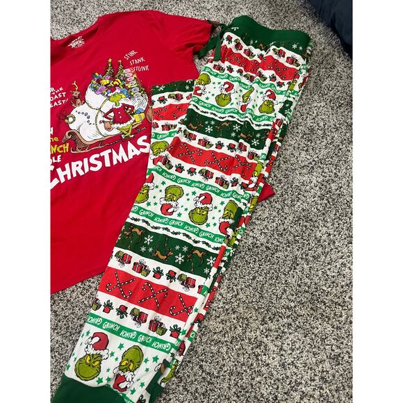Dr. Seuss Grinch Unisex Two Piece Pajamas Red/Green Christmas T-shirt Joggers XL - Picture 2 of 9